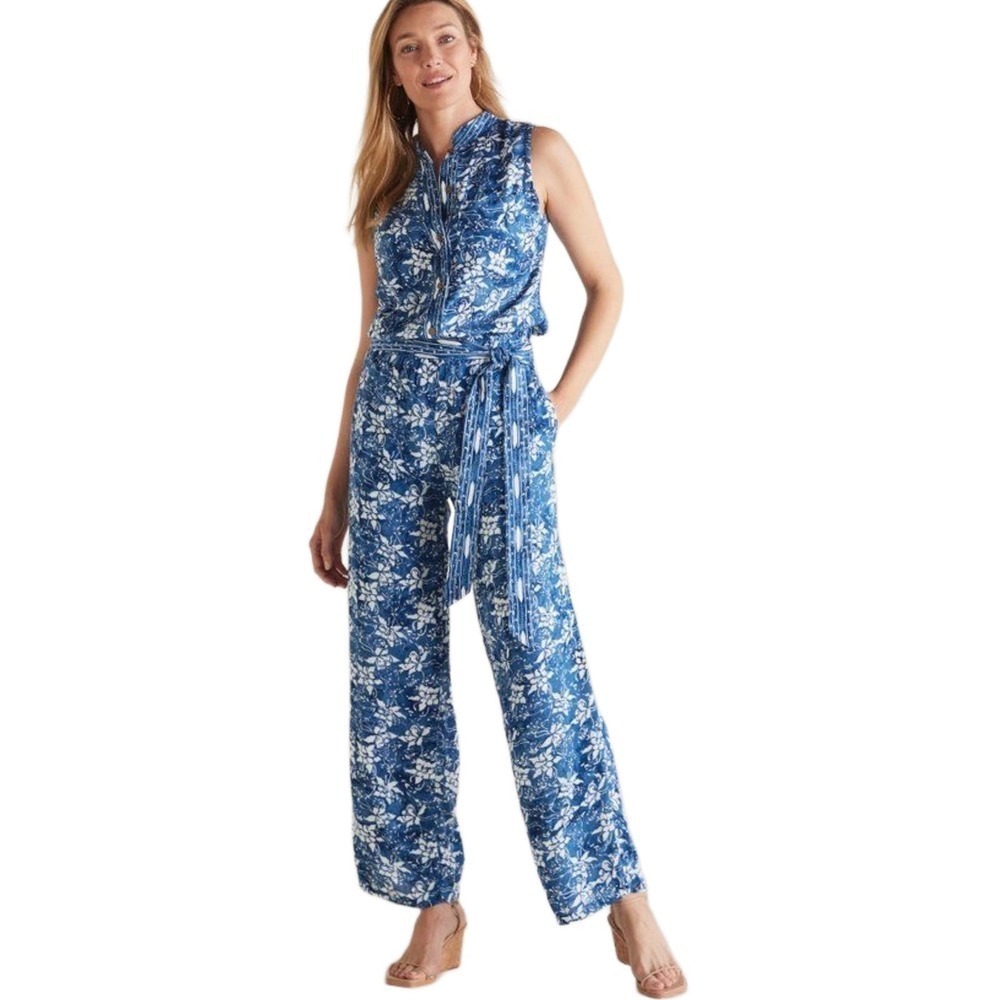 NWT Soft Surroundings Blue Batik Floral Print Nahla Jumpsuit Size Large 14 / 16